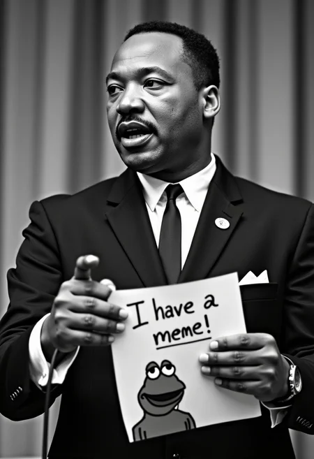 black and white photo of martin luther king holding a speech. You can see his notes. On the paper is the text "I have a meme!" and an image of pepe the frog. monochrome.