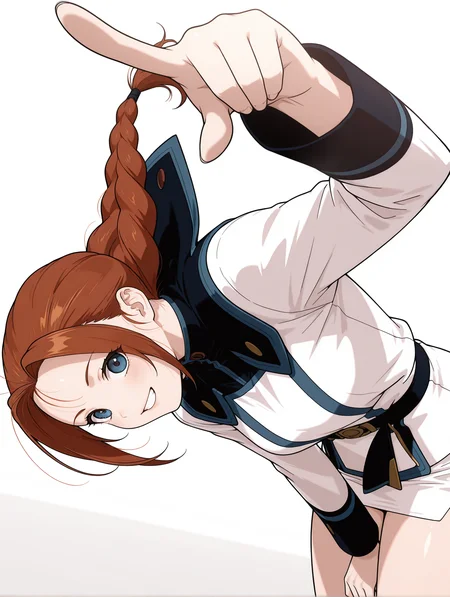masterpiece,best quality,newest,
1girl,solo,
<lora:Livi_Donen_ilxl_v1.2:1>,Livi,antenna hair,brown hair,blue eyes,single braid,L_clothes,pencil_skirt,
<lora:Fixhands_anime_bdsqlsz_V1:1>,looking_at_viewer,white_background,simple_background,dynamic_angle,cinematic_angle,light_blush,cowboy_shot,grin,pointing at viewer,