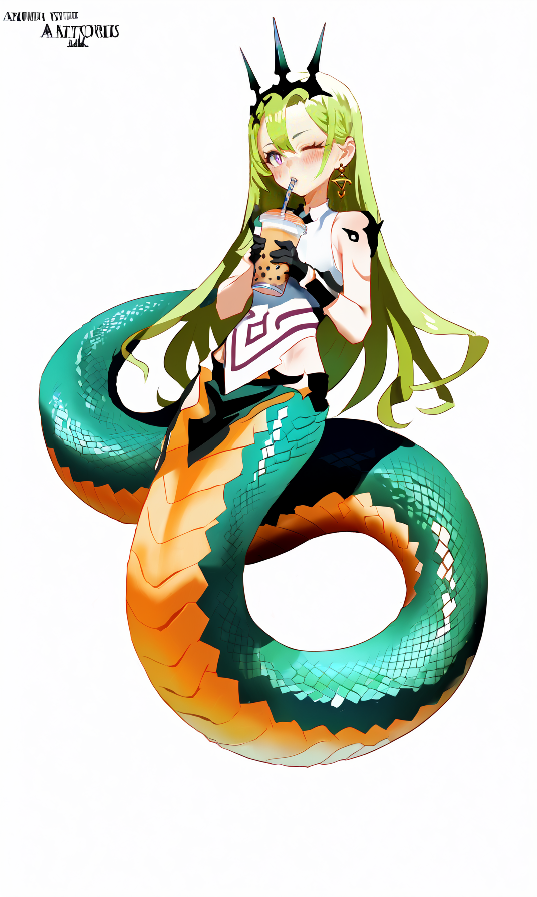 score_9, score_8_up, score_7_up, score_6_up, 8k, best quality, masterpiece, (ultra-detailed:1.1), (high detailed skin), 
<lora:jijia-pony-Tanger-000006:0.75>, jijia, 2d, (anime, half-snake person, Snake tail:1.2), 1girl, solo, monster girl, one eye closed, drinking, white background, cup, simple background, blush, holding cup, long hair, holding, drinking straw in mouth, bangs, disposable cup, drink, pointing, full body, looking at viewer, bubble tea, 
<lora:Concept Art Ultimatum Style LoRA_Pony XL v6:0.15>, concept art, digital art, 
<lora:mobius-pony-Tanger:0.55>, mobius, black Trident Crown, 1girl, gloves, long hair, green hair, black gloves, earrings, vertical pupil, purple eyes,