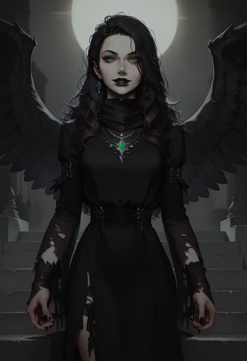 score_9, score_8_up, score_7_up, concept art, realistic, dark theme, perfect quality, masterpiece, highly detailed, dim light, Expressiveh, 4kFacePonyXL, ng_deepnegative_v1_75t,
anatomically perfect, bhands, glowing, neon lights,
portrait, gothic fantasy style, wide gothic grey marble staircase, outdoor scene, 
1girl, 30 years old woman, solo, tall regal figure, slender body, fit athletic body, beautiful face, pale skin, black boots, slightly torn elegant long black robes, thick robes, rags, robes covering body from neck to ankle, black scarf, holes in robe, dark black messy hair with gray streaks, waist length hair, long hair, large sexy eyes, vibrant green eyes, black nail polish, standing at top of the staircase, black wings made of shadow and darkness, black lipstick, soft smile, silver ring with ruby stone, silver diamond earrings, silver necklace with ruby medallion, looking at viewer,