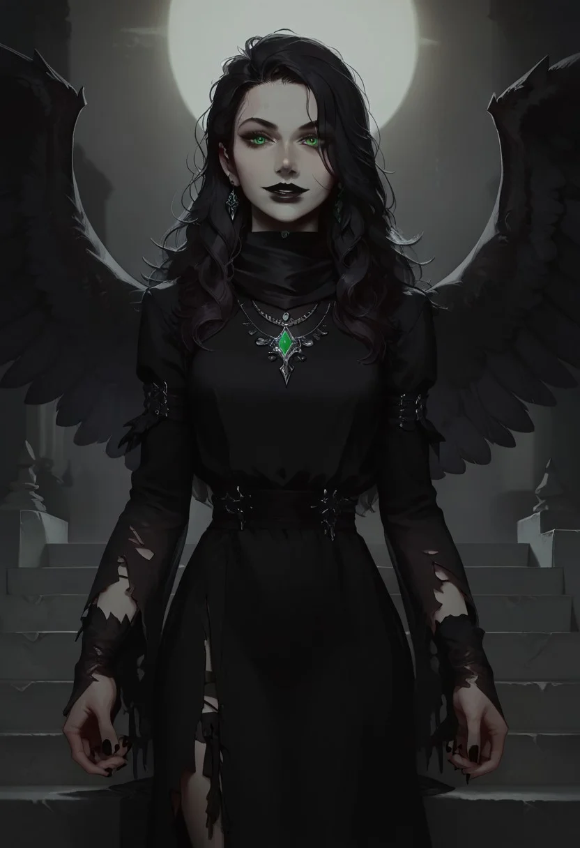 score_9, score_8_up, score_7_up, concept art, realistic, dark theme, perfect quality, masterpiece, highly detailed, dim light, Expressiveh, 4kFacePonyXL, ng_deepnegative_v1_75t,
anatomically perfect, bhands, glowing, neon lights,
portrait, gothic fantasy style, wide gothic grey marble staircase, outdoor scene, 
1girl, 30 years old woman, solo, tall regal figure, slender body, fit athletic body, beautiful face, pale skin, black boots, slightly torn elegant long black robes, thick robes, rags, robes covering body from neck to ankle, black scarf, holes in robe, dark black messy hair with gray streaks, waist length hair, long hair, large sexy eyes, vibrant green eyes, black nail polish, standing at top of the staircase, black wings made of shadow and darkness, black lipstick, soft smile, silver ring with ruby stone, silver diamond earrings, silver necklace with ruby medallion, looking at viewer,