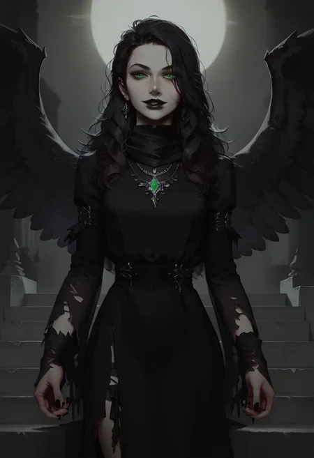 score_9, score_8_up, score_7_up, concept art, realistic, dark theme, perfect quality, masterpiece, highly detailed, dim light, Expressiveh, 4kFacePonyXL, ng_deepnegative_v1_75t,
anatomically perfect, bhands, glowing, neon lights,
portrait, gothic fantasy style, wide gothic grey marble staircase, outdoor scene, 
1girl, 30 years old woman, solo, tall regal figure, slender body, fit athletic body, beautiful face, pale skin, black boots, slightly torn elegant long black robes, thick robes, rags, robes covering body from neck to ankle, black scarf, holes in robe, dark black messy hair with gray streaks, waist length hair, long hair, large sexy eyes, vibrant green eyes, black nail polish, standing at top of the staircase, black wings made of shadow and darkness, black lipstick, soft smile, silver ring with ruby stone, silver diamond earrings, silver necklace with ruby medallion, looking at viewer,