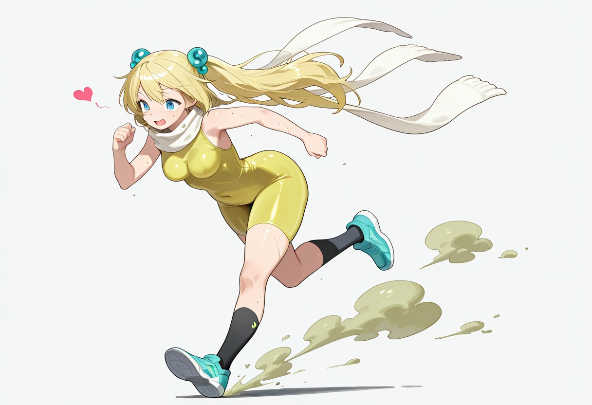 simple background,  love heart, running, sweating,
masterpiece, masterpiece, best quality, high quality, detailed, absurdres
poison gas giantess, yellow bodysuit, blond hair, white scarf, blue hair baubles, solo, 1girl, long hair, hair ornament,, blue eyes, black socks, blue shoes,