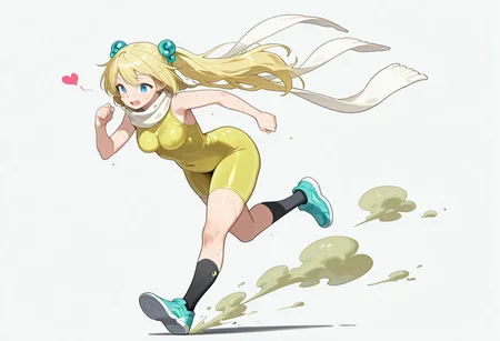 simple background,  love heart, running, sweating,
masterpiece, masterpiece, best quality, high quality, detailed, absurdres
poison gas giantess, yellow bodysuit, blond hair, white scarf, blue hair baubles, solo, 1girl, long hair, hair ornament,, blue eyes, black socks, blue shoes,