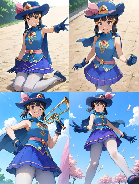 __femalePosesWildcard400_v10/female-poses__, __1000Wildcards_wildcards/wildcards/perspective__, solo, 1girl,  smile, <lora:DawnPony:1>Dawn_Syg, short hair, black hair, grey eyes, sidelocks, pink bow, blue hat, hair ornament, cape, blue shirt, sleeveless, golden brooch, red gem, pink belt,  blue gloves, blue skirt, white pantyhose, blue footwear,, score_9, score_8_up, score_7_up,