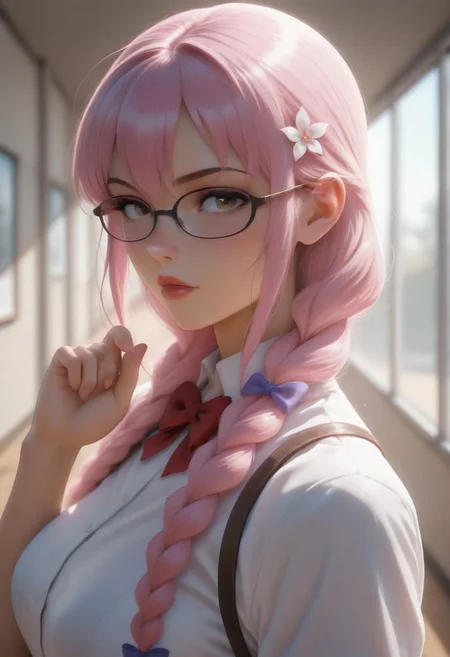 masterpiece,looking at viewer,solo,school_uniform,<lora:Rika Illustrious v1:1> rika, glasses, pink hair, braid, hair bow, brown eyes,