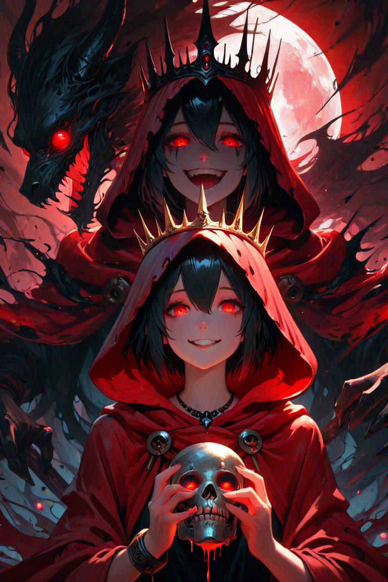 masterpiece, best quality, amazing quality, aesthetic, volumetric lighting, ambient light, saturated colors, dark shadows, 1girl, red eyes, black hair, glowing eyes, short hair, open mouth, hair between eyes, parted lips, crown, hood, bracelet, necklace, cape, looking at viewer, glowing, holding, moon, upper body, smile, jewelry, cloak, red cloak, teeth, red cape, hooded cloak, skull, full moon, hood up, zstyle,very awa, absurdres