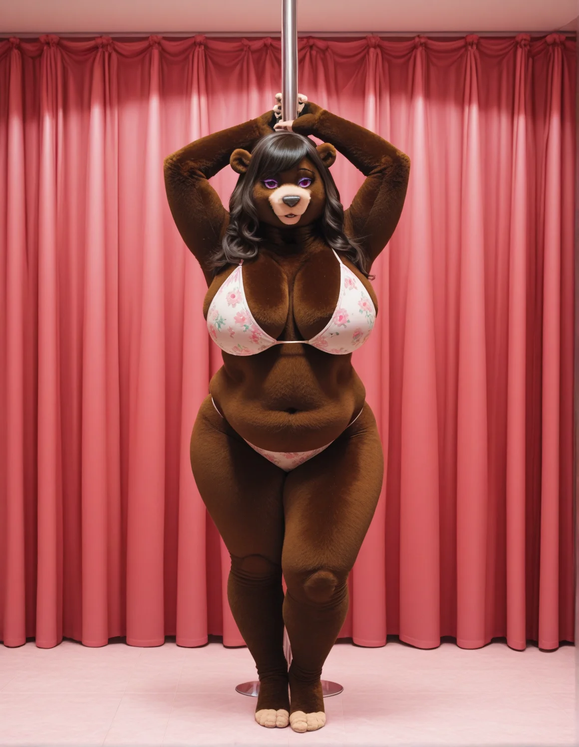 <lora:Cherry_Bear:1> cherrybear, brown eyes, bear girl, purple eyeshadow, brown fur, wide hips, female, black hair, furry, makeup, wide hips, plump, huge breasts,
safe_pos, safe_pos, masterpiece, best quality, detailed background, hi res, detailed:1.2, detailed fur,
photorealism, kemono, masterpiece anthro, solo, female, looking at viewer, seductive eyes, smile floral pattern bikini, floral pattern bra, tight clothing, skindentation, curvy figure, voluptuous, chubby cheeks, double chin, big belly, belly overhang, love handles, big breasts, cleavage overflow, (big butt), huge thighs, wide hips, thick thighs, fat arms, fat legs, inside, strip_club, stripper pole, strip club,pole dancing, dynamic pose, cash on panties, three-quarter view, front view, standing, detailed background, detailed eyes, detailed face, detailed fur, grabbing pole, stage, curtains,, Wide Hips, thick thighs, massive breasts, fat, plump, overweight,