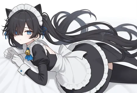 (Maid-kasli), solo, white gloves, dress, hair over one eye, maid apron, blue eyes, twintails, cat ears, maid headdress, maid, gloves, 1girl, apron, juliet sleeves, long sleeves, long hair, black hair, animal ears, bell,(Fall down),
