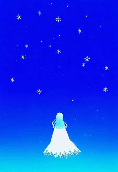 Festive, snowflake, girl's back, long hair, white cloak, night sky, twinkling stars, falling snowflakes, lonely and beautiful