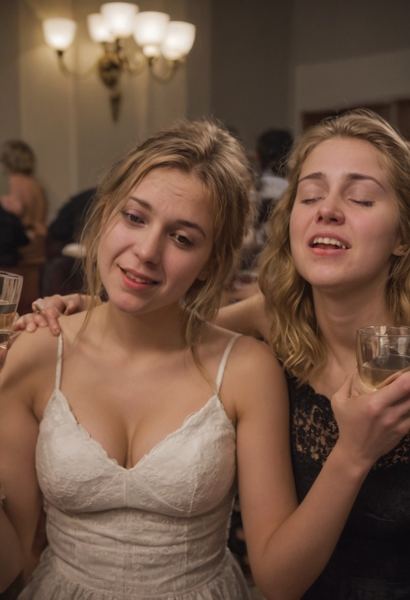 Darker lighting and atmosphere. Sensual and turned on by each other. Drinking sacrament wine.  More drunk. One woman has large breasts.Hyper realistic. More drunk and wasted. Two Mormon sister missionaries getting drunk in their apartment after a long day proselyting. They are obviously visibly very intoxicated.  Leaning together lovingly. Very drunk eyes. Very drunk sultry eye contact. more drunk expression. Disheveled hair. (((Falling, tripping, staggering, dizzy, sleepy))). (((blackout drunk))).Realistic skin. Film grain. Typical lighting wearing a nice modern dress. (((20 year old Mormon Temple square sister  missionary))). Her hair is very disheveled. She drank a lot of tequila(((heavily lidded, drunk eyes))) incoherent, and completely hammered.
 (((incoherent, wasted))) very  drunk. realistic photo.{{{increasingly wasted}}} after having way too much to drink.  (((falling down))) drunken expression. cinematic lighting. (((Flirting))). Soft contented smile. She's completely wasted and wants to have sex tonight.