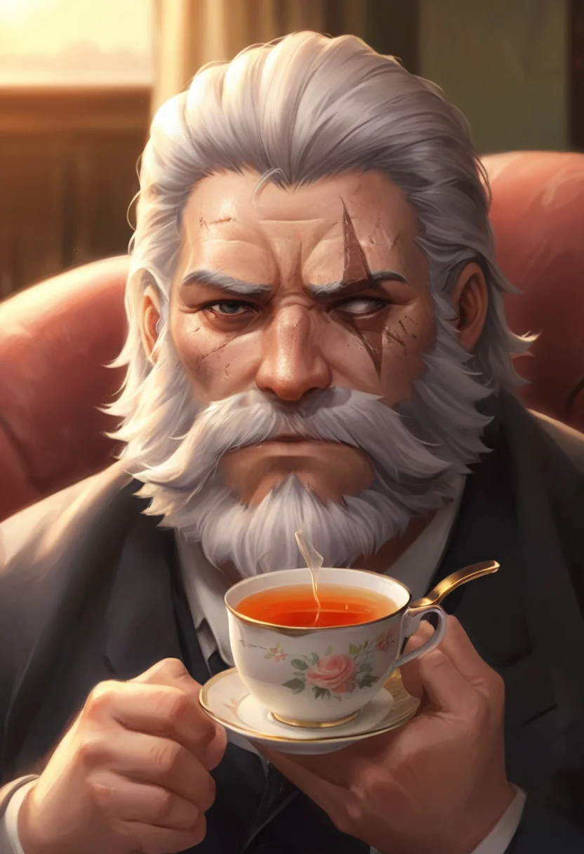anime,illustration,reinhardt sits in a chair drinking tea with the sunset behind him,<lora:xl-reinhardt-000012:0.8>,scar across eye,scar,beard,