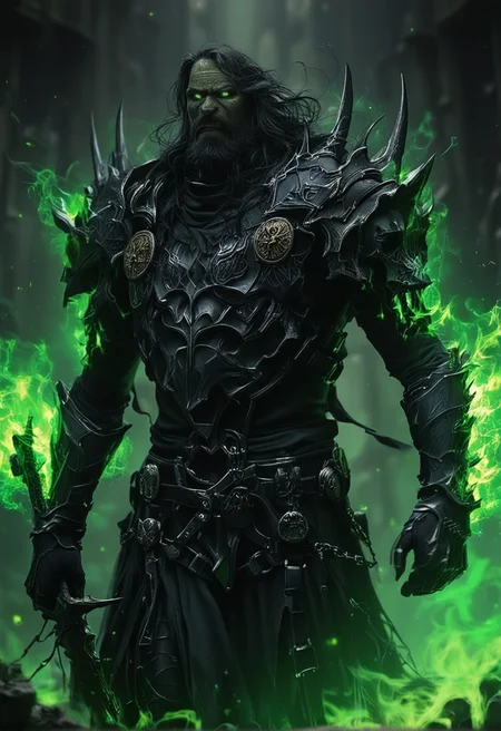 1boy,man,age 25,Death Knight,detailed armor,flaming black sword, green flames,green fire, sword overhead,toxic,detailed straps,buckles,black metal,bearded,long hair,scruffy,battleworn,intense,photorealistic, rule of thirds, leading lines,raytracing,ambient occlusion,shaft of light,blurred background,upperbody focus