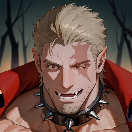 <lora:Nikolai__Castlevania_Nocturne:.75>,, Nikolai, slicked back hair, blonde hair, spiked collar, scar on face, pointy ear, red eyes, left eye closed, stubble, vampire fang,
(very short hair, beard, bara, mature, facial hair, stubble, beard, full beard, sideburn, beard, a lot of beard, ), facial hair,male focus, muscular male, muscular male, bara, mature,  bara, mature, aixiwuganda_(20222192), very awa, masterpiece, best quality, absurdres, newest, perfect quality, detailed background, intricate details,
<lora:slider_Body Type_alpha1.0_rank4_noxattn_last:3><lora:Anime Summer Days 2 Style SDXL_LoRA_Pony Diffusion V6 XL:.6><lora:slider_cfg_scale_boost:.7><lora:Artist6p:.55>, Artist6p, Artist04p,<lora:slider_il_brightness_slider_d1:-1><lora:slider_il_contrast_slider_d1:-1><lora:slider_DarkSlider1.2_alpha1.0_rank16_full_300steps:-.6>