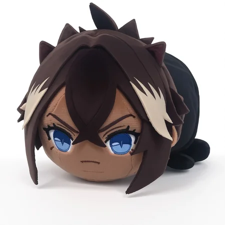 end_plushie_morph, haunted bean plushie, 1girl, solo, blue eyes, chibi, animal ears, white background, dark skin, dark-skinned female, gloves, simple background, multicolored hair, black hair, fingerless gloves, looking at viewer, black pants, streaked hair, bangs, black gloves, pants, halterneck, full body, criss-cross halter, crossed bangs, midriff, brown hair, slit pupils, plushie, felt, made of felt, fabric toy, made of fabric, fabric texturee BREAK score_9, score_8_up, score_7_up, score_6_up, score_5_up, score_4_up,