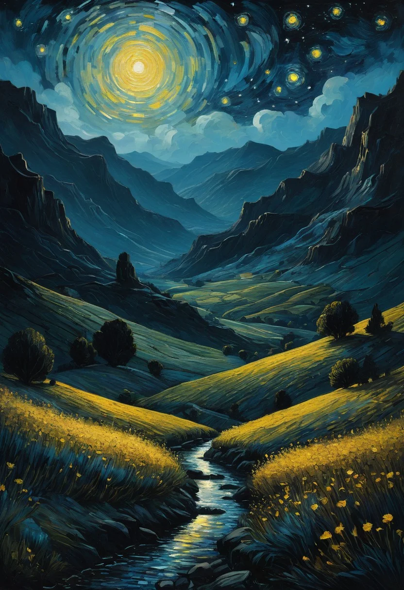 score_9, score_8_up, score_7_up, score_7, score_6_up, an oil painting of fantasy in heat, silhouette on Hidden valley, style of van gogh, starry night vibes, expressionism, gloomy, dark tones, unforgettable, dark fantasy, fantasy, emotional depth. (vibrant masterpiece, (8k1.5), UHD, very detailed, high-quality, best artist, sharp edges, detailed textures, full view, atmospheric lighting, stunning visuals)