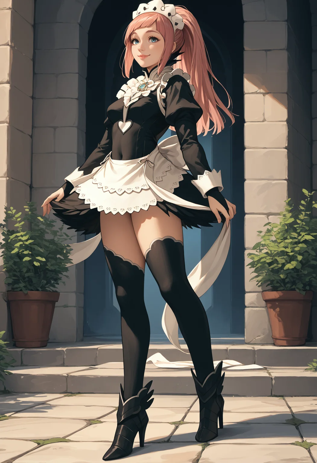 score_9, score_8_up, score_7_up, source_anime BREAK 1girl, solo, <lora:felicia-fe-richy-v2_pdxl:1> flcdf, blue eyes, pink hair, long hair, ponytail, maid headdress, black feathered collar, blue brooch, breasts, maid, juliet sleeves, maid apron, bridal gauntlets, black thighhighs, thighs, lips, standing, smile, high heel boots, black footwear, full body