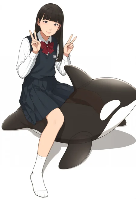masterpiece, highres, absurdres, newest, very awa, 1girl, solo, black hair, long hair, school uniform, white socks, black eyes, blunt bangs, inflatable toy, inflatable orca, sitting, white background, double v, <lora:backfischalter>