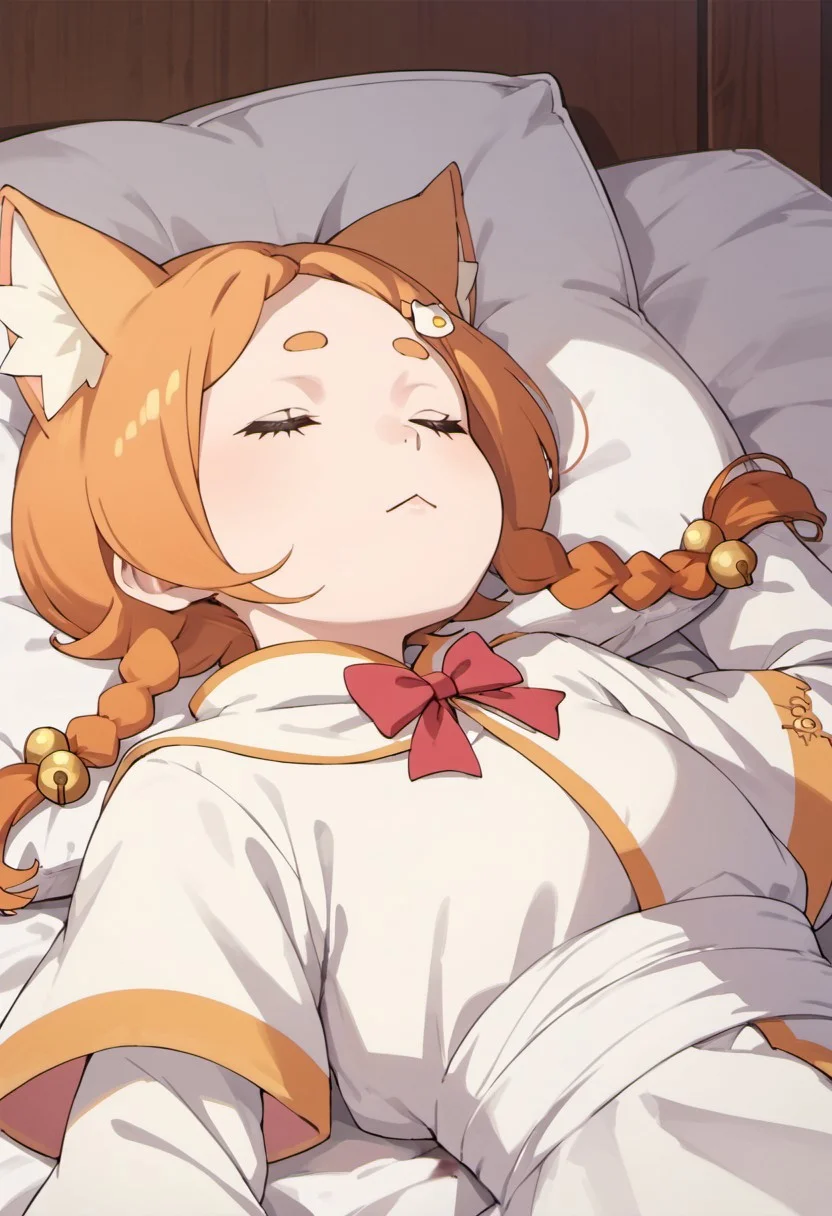 score_9, score_8_up, score_7_up, source_anime, mimi pearlbaton, animal ears, twin braids, bell hair ornament, cat ears, orange hair,  1girl, blood, braid, lying, on back, bell, solo, pillow, sleeping, closed eyes, hair ornament