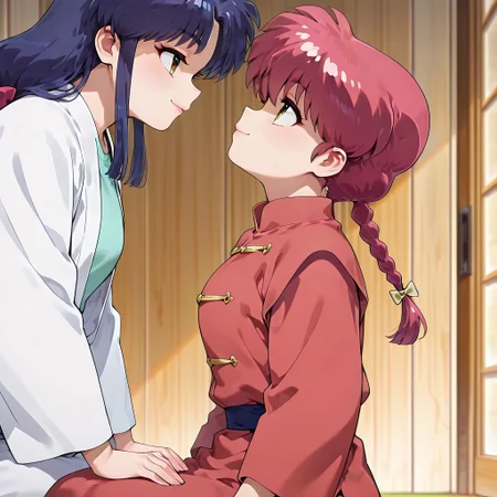masterpiece,best quality,amazing quality,very aesthetic,absurdres,newest, huge filesize,
<lora:spo_sdxl_10ep_4k-data_lora_webui:0.5>,
<lora:add-detail-xl:1>
1girl ranma, long_hair,red_hair, braided_ponytail, green eyes, sitting female,
1girl akane, low-tied_long_hair, sidelocks, blue_hair, hair_bow, brown_eyes
(from side,side view), seductive smile,
open clothes, looking each other, looking up, focus on face, head at center of frame
