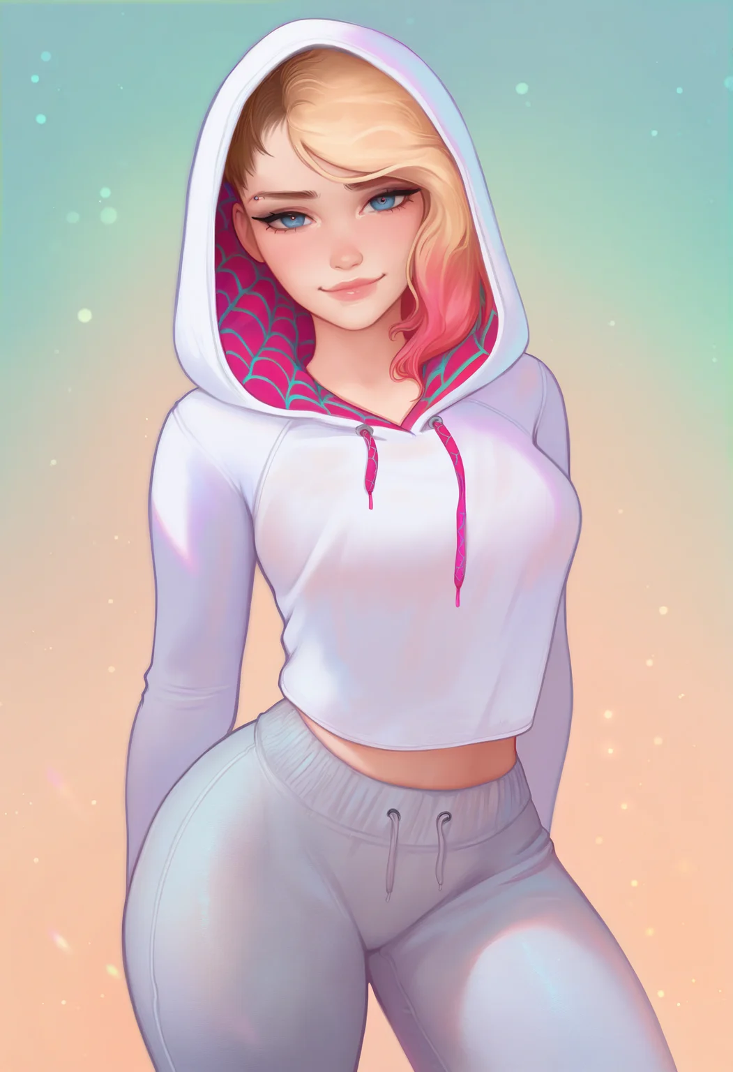 1girl, solo, gwen stacy, hoodie, sweatpants, looking at viewer, light smile, 
masterpiece, best quality, <lora:prywinko-guy90-Illust-Lycorisv1:1> oknyrp