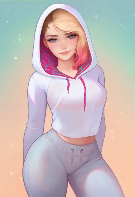 1girl, solo, gwen stacy, hoodie, sweatpants, looking at viewer, light smile,
masterpiece, best quality, <lora:prywinko-guy90-Illust-Lycorisv1:1> oknyrp