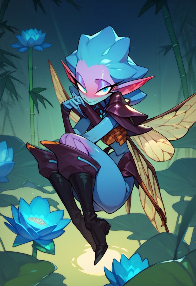 score_9, score_8_up, score_7_up, score_6_up, dark faerie, flying at night, beautiful face, heavy black boots, highly detailed, blue lotus blossom, bamboo, insect wings, twisting brambles, monster boy, perfect eyes looking at viewer, cyan and magenta, colored skin,