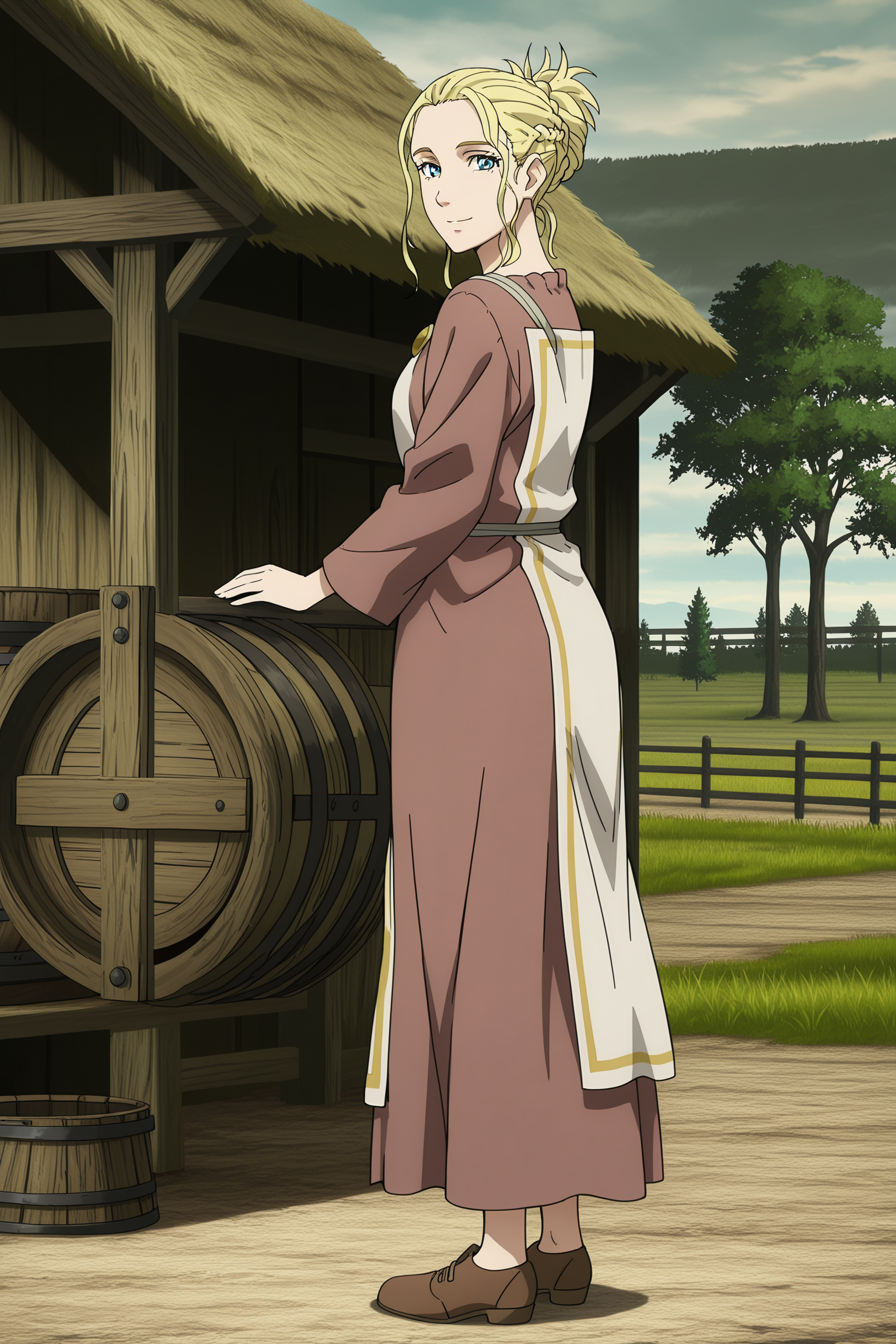 masterpiece, best quality, detailed background, detailed face, anime screencap, official style,
on a farm, near a well,
 <lora:Arnheid_Vinland_Saga_-_Illustrious:.9>
Arnheid slave outfit, long sleeves, blonde hair, blue eyes, long hair, braid, hair up
(full body shot:1.2), looking at the viewer, gentle smile