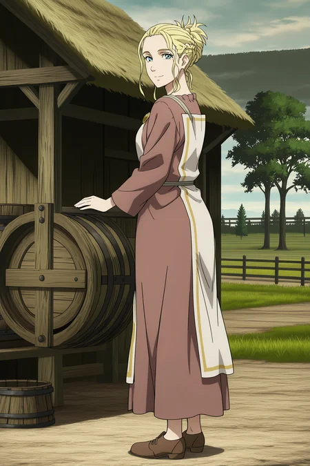 masterpiece, best quality, detailed background, detailed face, anime screencap, official style,
on a farm, near a well,
 <lora:Arnheid_Vinland_Saga_-_Illustrious:.9>
Arnheid slave outfit, long sleeves, blonde hair, blue eyes, long hair, braid, hair up
(full body shot:1.2), looking at the viewer, gentle smile