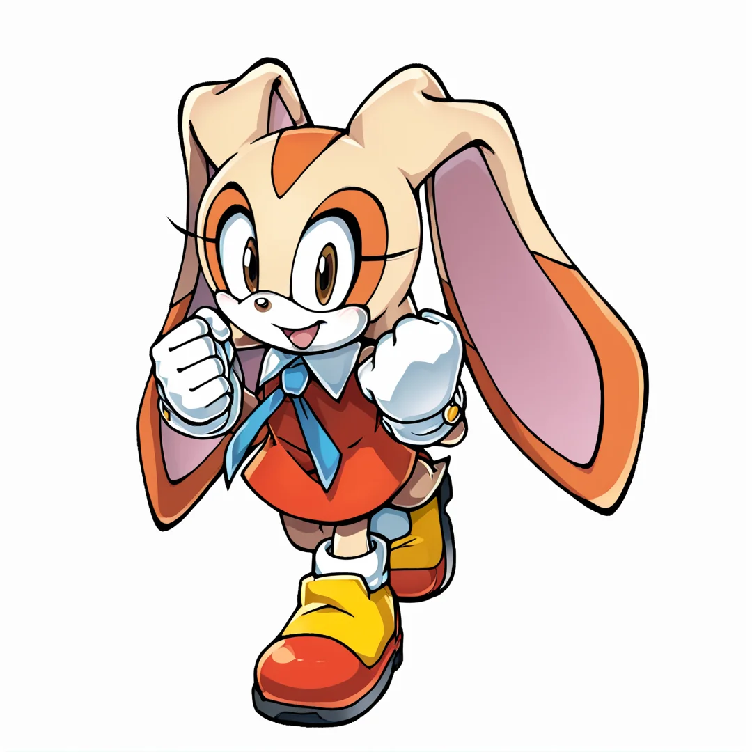 score_9, score_8_up, score_7_up, score_6_up, score_5_up, score_4_up, BREAK, <lora:CreamtherabbitpnyXL:1>, 1girl, blue ribbon, neck ribbon, solo, looking at viewer, smile, open mouth, simple background, gloves, white background, dress, ribbon, animal ears, brown eyes, standing, tail, full body, shoes, socks, white gloves, rabbit ears, transparent background, red dress, white socks, red footwear, rabbit tail, furry, clenched hands, rabbit girl, furry female, female child, animal nose, cream the rabbit , sonic the hedgehog \(series\)