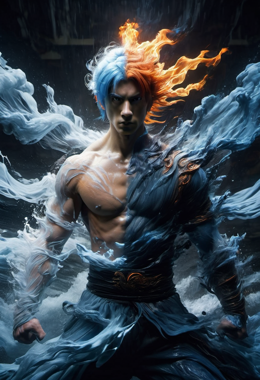 blue water, orange fire, blue and orange hair,
wabstyle, glowing, two-tone hair, (muscular:1.2), 1man, cinematic angle, motion blur, looking at viewer,   <lora:yinianshenmoSDXL-000012:0.7> <lora:add-detail-xl:-0.8>