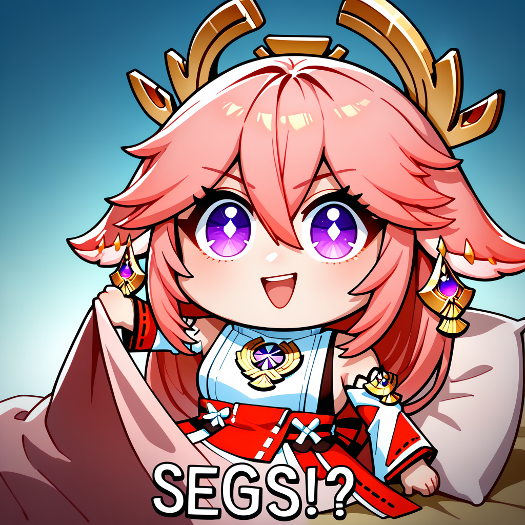 masterpiece, best quality, newest, absurdres, highres, chibi, open mouth, smile, english text, :d, looking at viewer, blanket, pillow, holding,  <lora:SegsMeme_illusXLNoobAI_Incrs_v1-000012:1>, yae miko, anime coloring,