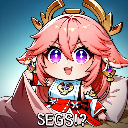 masterpiece, best quality, newest, absurdres, highres, chibi, open mouth, smile, english text, :d, looking at viewer, blanket, pillow, holding,  <lora:SegsMeme_illusXLNoobAI_Incrs_v1-000012:1>, yae miko, anime coloring,