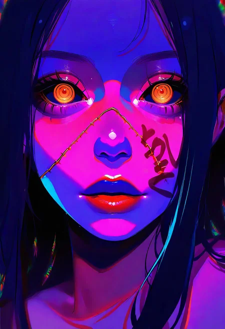 masterpiece, best quality, good quality, very aesthetic, absurdres, newest, 1girl, solo, looking_at_viewer, black_hair, 1boy, text, orange_eyes, lips, colored_skin, portrait, close-up, colored_sclera, red_lips, stitches, body_writing, horror_\(theme\), eye_focus, stitched_face, limited palette, sketch, glowing, psychedelic, Dutch Angle, <lora:ponyv5_noobE11_1_adamW-000013:0.7> <lora:USNR_STYLE_XL_lokr:1> <lora:Navi_LustStrokes_IL:1>