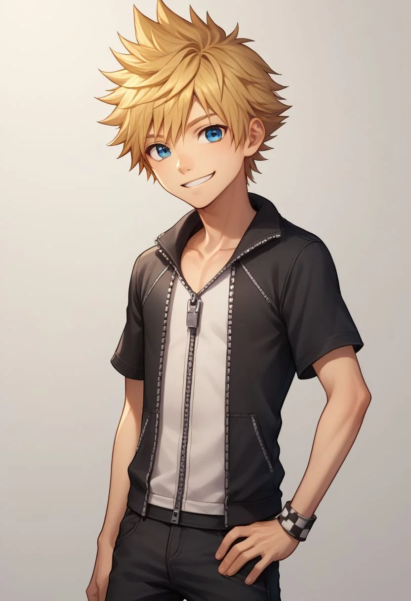 score_9, score_8_up, source_anime, highly detailed, 1boy, solo, male_focus slender, skinny, cute,
roxas, 1boy, zipper, solo, male focus, spiked hair, blue eyes, jewelry, smile, blonde hair, standing, pants, short sleeves, hand on hip, zipper pull tab,