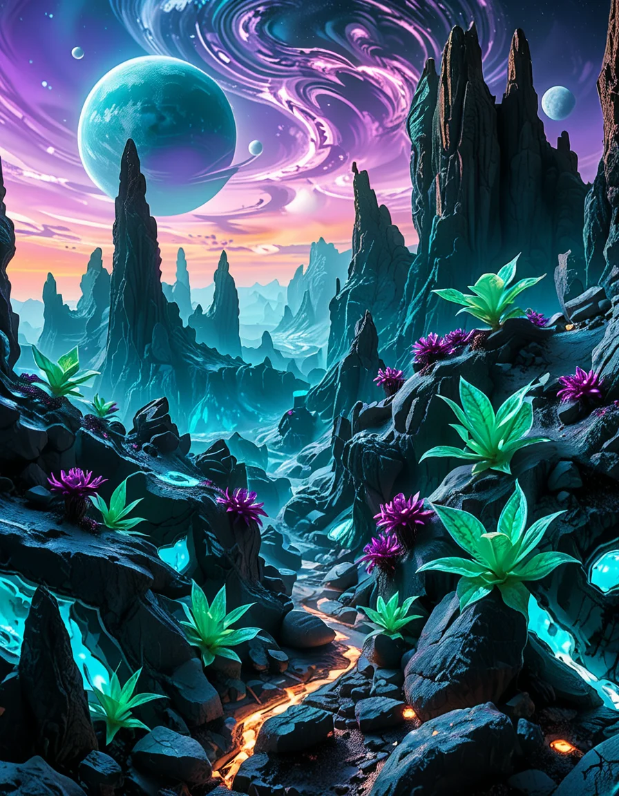 A breathtaking, high-resolution photograph of an alien planet with a surreal and otherworldly landscape. The sky is filled with two massive moons, casting an eerie glow over the terrain. Jagged rock formations, covered in bioluminescent moss, stretch across the horizon, glowing in shades of blue and purple. Strange, twisted plants with translucent leaves and pulsating veins grow from the cracked, iridescent soil. In the distance, towering crystalline mountains shimmer under the light of a distant red sun, their peaks enveloped in a misty, ethereal haze. The air is thick with floating luminescent spores, drifting like tiny fireflies. Rivers of liquid metal carve through the landscape, reflecting the vibrant alien sky. The atmosphere is a mix of neon blues, purples, and greens, creating a mesmerizing and futuristic scene, as if taken from the surface of a newly discovered exoplanet.
<lora:SDXLFaeTastic2400:0.4> <lora:extremely_detailed:0.4> extremely detailed,<lora:alien_pl4n3t:1>,alien pl4n3t