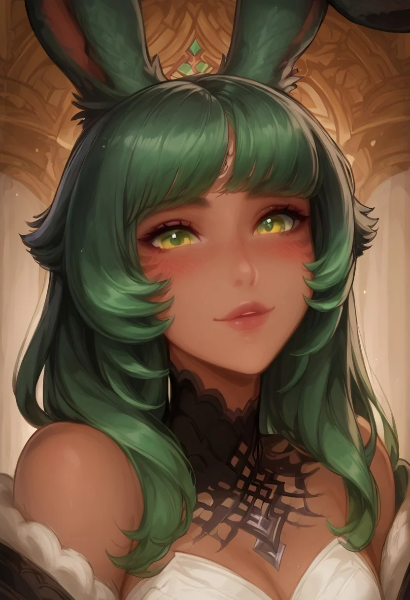score_9, score_8_up, score_7_up, 4RCH0N, masterpiece, detailed, high quality, final fantasy xiv, solo, 1woman, (viera, ffxiv, final fantasy), bunny ears, green eyes, (dark green hair:1.2), (dark skin: 1.3), aiebonyskin, gorgeous girl, cute face, blushing, bangs, shoulder-length hair, curvy body, ultra detailed eyes, black martial artist clothes, inn