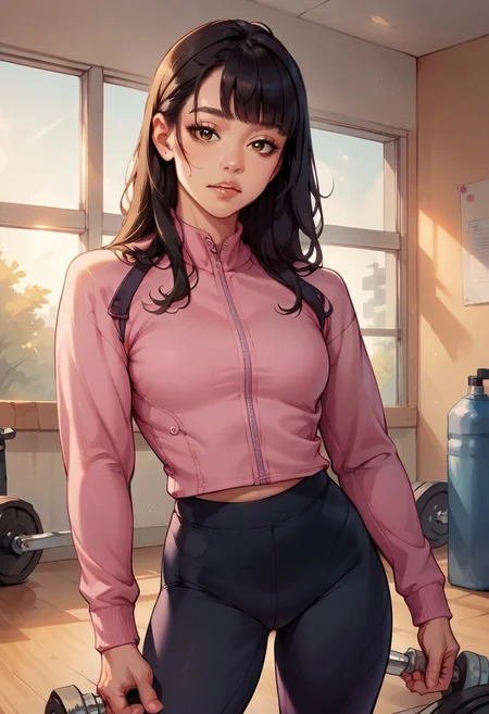 score_9, score_8_up, score_7_up, score_6_up, 1girl, asian, long black hair, bangs, brown eyes, pink 6ym jacket, leggings, in the gym, morning, portrait