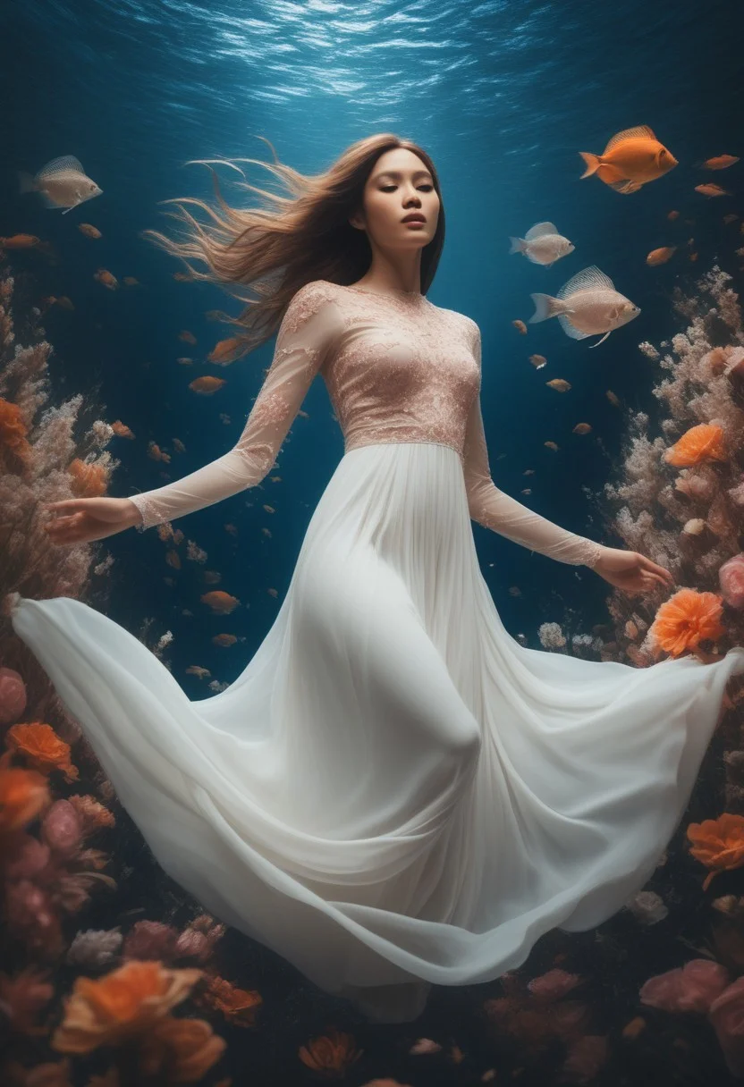 The image is an underwater scene with a woman floating in the center. She is wearing a long, flowing white dress with pink and orange flowers cascading down her body. The dress is made up of multiple layers of fabric, creating a beautiful and intricate design. The woman's hair is flowing in the wind and she is reaching up towards the sky with her arms stretched out to the sides. The background is filled with a variety of colorful flowers and plants, including roses, daisies, and lilies. The water is a deep blue and there are small fish swimming around the woman. The overall mood of the image is dreamlike and ethereal.