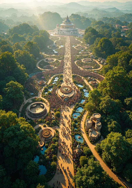 Aerial perspective, an expansive eco festival with thousands of intricately detailed participants captured from above. A sweeping vista over a sustainable landscape, combining lush organic greenery with modern eco-friendly installations. Mesmerizing artistic event featuring dynamic rituals, vibrant carnivals, and creative parades, intricately interwoven with bio-friendly elements, natural water features, and solar-powered structures. Epic atmosphere in 8k, masterpiece quality, hyper-detailed texture work on crowd formations and sustainable architecture. Vivid, surreal ambiance with radiant colors, harmonious natural backdrops, and a surreal interplay of light and shadow enhancing the grand scale of the gathering. A majestic, atmospheric tableau celebrating nature integration and artistic innovation in an immersive, picturesque setting. <lora:Synesthesia:0.4> <lora:ck-charcoal-drawing-000014:0.1> <lora:Illustration concept V1:0.2> <lora:flux_dev:1>