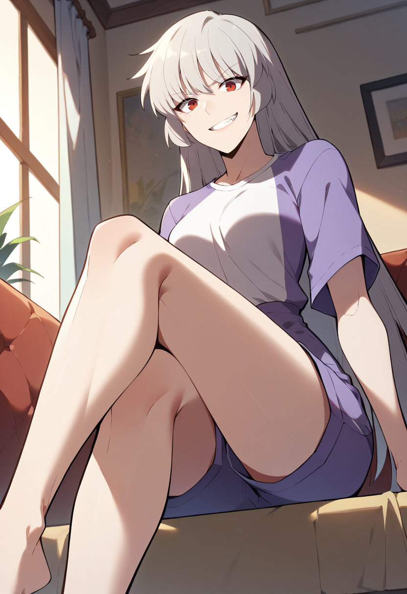 score_9, score_8_up, score_7_up,
<lora:SoloMaxLevelNewbie_AliceXL:0.8>, AliceSMLN,
1girl, solo, closed mouth, grin,
grey hair, long hair, red eyes,
AliceIndoor, white shirt, purple shirt, purple shorts, two-tone shirt,
sitting, looking at the viewer, crossed legs, feet focus,
indoors