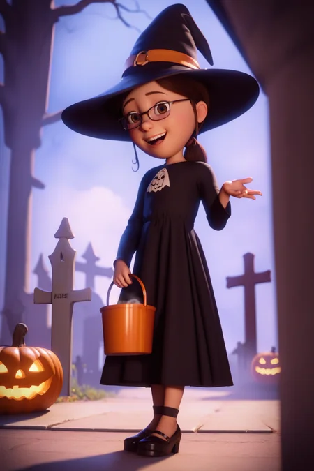score_9, score_8_up, score_7_up, source_anime, rating_explicit, 1girl, m4rg0gru, brown hair, glasses, brown eyes, witch hat, witch custome, black dress, halloween, outdoors, steam, horror \(theme\),  graveyard, standing, holding halloween bucket,  happy, looking_at_viewer <lora:MargoGruByJuninholara21:0.8>