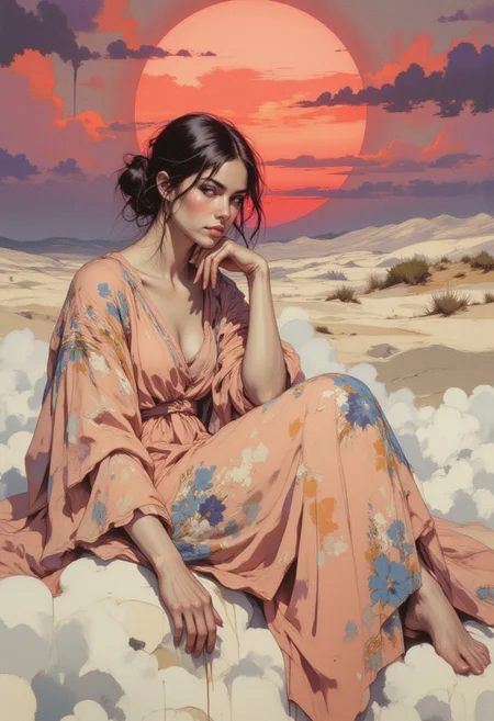 A highly stylized digitally drawn hyper-realistic abstract collage artwork, featuring a woman with fair skin and dark hair, seated gracefully on a cloud. She wears a flowing peach-colored gown with blue and white floral patterns at the hem, her posture delicate and serene. One leg is bent while the other is extended, her hands resting gently on her knee. Her expression is calm and contemplative, her gaze directed toward the horizon, suggesting a deep sense of thought. Surrounding her is a striking, surreal landscape, where a large, bright red sun is partially obscured by a thick cloud, casting a warm glow. The sky transitions into a gradient of deep purples and pinks, evoking a dreamlike, ethereal atmosphere. Below her, fluffy white clouds create the illusion of floating on a sea of soft, ethereal textures. The landscape in the background features rolling sand dunes, rendered in smooth, painterly strokes, blending elements of surreal abstraction and realism. The composition is fragmented with abstract collage elements—geometric shapes, torn paper fragments, and textures layered into the scene, adding depth and a modern digital edge. The overall color palette is warm and muted, combining earthy tones with soft pastels, creating a surreal, contemplative atmosphere. This piece merges classical portraiture with contemporary digital techniques, using abstract collage elements to elevate the dreamlike quality of the scene.