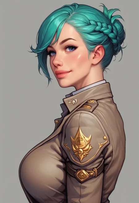 ((((side view))))
beautiful color, aesthetic, 2d,
(zeon pilot:1.3), ((khaki suit)),
solo, standing, (battleground, explosions:1.5)
1girl, cute face, modest smile
((turquoise hair, folded in french braid, long side bang hairstyles)),
big natural breasts,
focused, looking at viewer,
(((full-clothed))), dynamic pose
BREAK
score_9, score_8_up, score_7_up, score_6_up, source_cartoon, rating_explicit, Expressiveh, (((((upper body))))), dynamic pose