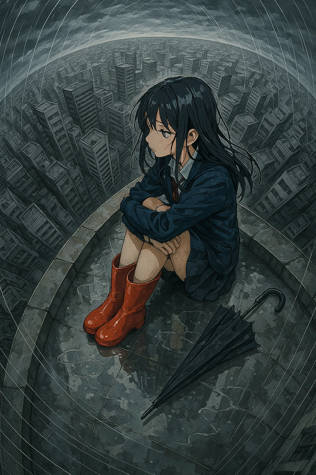detailed art, anime art, masterpiece, stylized anime cel-shade, overcast skies, fisheye high-above perspective – overhead warped view of a solitary girl sitting on a rooftop’s edge in the rain, look away, umbrella lays beside her, the cityscape behind warps and twists into infinity around the edge of the lens, bright red boots and her soaked school jacket contrast the monochrome buildings, water puddles reflect bent fragments of sky, fine rain drawn in thin curved white lines following the lens arc