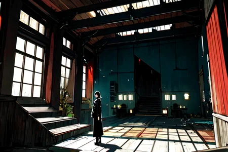 highly insanely detailed, masterpiece, top quality, best quality, highres, 4k, 8k, RAW photo, (very aesthetic, beautiful and aesthetic),
tsutomu nihei,nihei_tsutomu,blame!,blame gakuen!,abara,TNstyle,sidonia_no_kishi,(space,spacecraft,megastructure in background,deep horizon,hangar,tower,stairs),dark sky,black sky,cyberpunk,science fiction,
<lora:ABARA:0.5>,
(1girl:1.3),
solo focus,
(minimalistic mid-century modern house) with stucco red exterior, thatched roof, picture windows, antique doors, garden statues,adorned with wrought iron details, located in Riverside Market, Bustling market with stalls selling fresh produce and handmade crafts, the aroma of spices and grilled meats, the sound of bargaining and haggling ,deep red background,dark background,bright blue-green background,(color fusion background),âââ