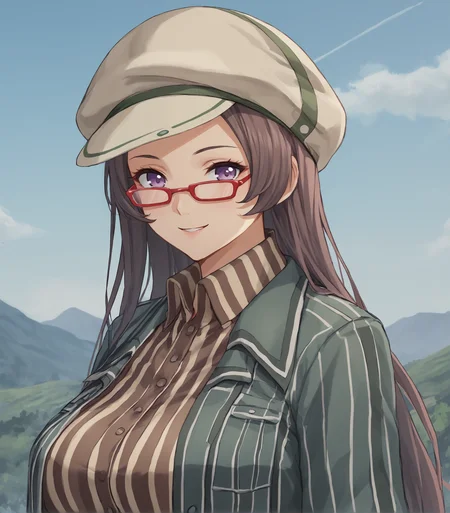 score_9, score_8_up, score_7_up, score_6_up, score_5_up, score_4_up, BREAK source_anime,
1girl, solo,
<lora:Misty:0.9>, Misty, dark brown hair, long hair, purple eyes, red glasses, large breasts, cabbie hat, pinstripe coat, green sleeves, capri pants, red high heels,
outdoors, distant mountains, looking at viewer, upper body, portrait, smile,
<lora:rhasta:0.6>,