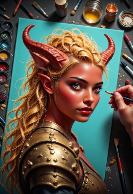 Surreal image of a beauty portrait of a strong beautiful tiefling drawn in an art studio onto a cyan coloured canvas. She is painted wearing golden plated armour. She has radiant dark red skin and expressive, glowing eyes, and long glowing bright golden flowing hair made of light.
There are scattered art supplies around the table, focusing on the painted tiefling. The background features an art studio setting with various art supplies. A palette of paints is visible on the left side. A small container of magical golden glowing ink. The artist is a painting tiefling with a fine brush, only the artists hand is visible.
Jed-Tflng, brown eyes, red lips, tall female Tiefling, large red curved horns, deep red skin ArsMJStyle, dnddarkestfantasy
The image is magical, the colours are gleaming with a glowing golden sparks and highlights.