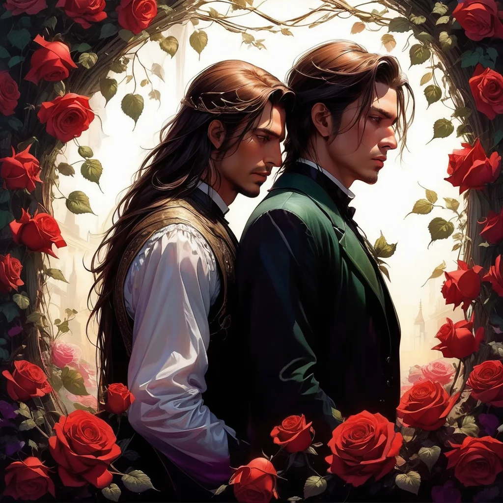 two men embrace, one with long hair, one with short hair, tragic romance, front to back, looking away from each other, sad, downturned faces, tears, gothic, tragic romance, gay, gorgeous, cinematic, intricate, Art Nouveau roses and vines border, broken hearts, sorrow, tears, broken, concept art, oil painting, vivid colors, red, black, green, brown, white, yellow, purple, teal, <lora:add-detail-xl:1> intricate,