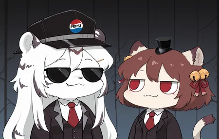 masterpiece, absurdres, incredibly absurdres,best quality, newest, chibi, meme, side-by-side, flat color,  parody, blues brothers, laser city background, depth of field, detailed hair, fluffy,
<lora:UltimateQB:0.9> <lora:Hannah_Mahjong_Soul_Illustrious_v02:1>  <lora:Ichihime:1>
<SEP>
2girls, UltimateQB, hannah, hairclip, white hair, white fur, striped hair, tiger girl, long hair, upper body, black suit, red tie, black sunglasses, jitome, smirk, secret agent, black hat, pepsi logo on hat,
<SEP>
2girls, UltimateQB, ichihime, cat girl, short hair, brown hair, ahoge, red eyes, animal ears, cat ears, hair bell, hair ribbon, tail, black suit, red tie, jitome, smirk, secret agent, black hat, mini tophat,